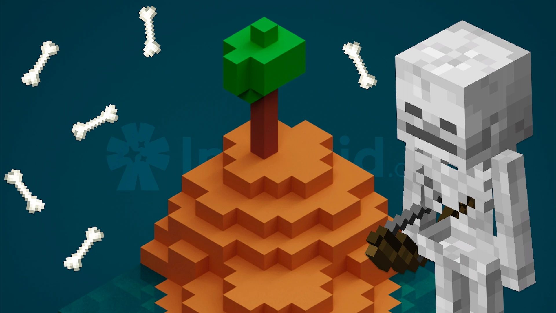 An illustration of a Minecraft skeleton standing next to an island made of blocks. The image is pixelated in the style of Minecraft and has a repeated bone pattern in the foreground.