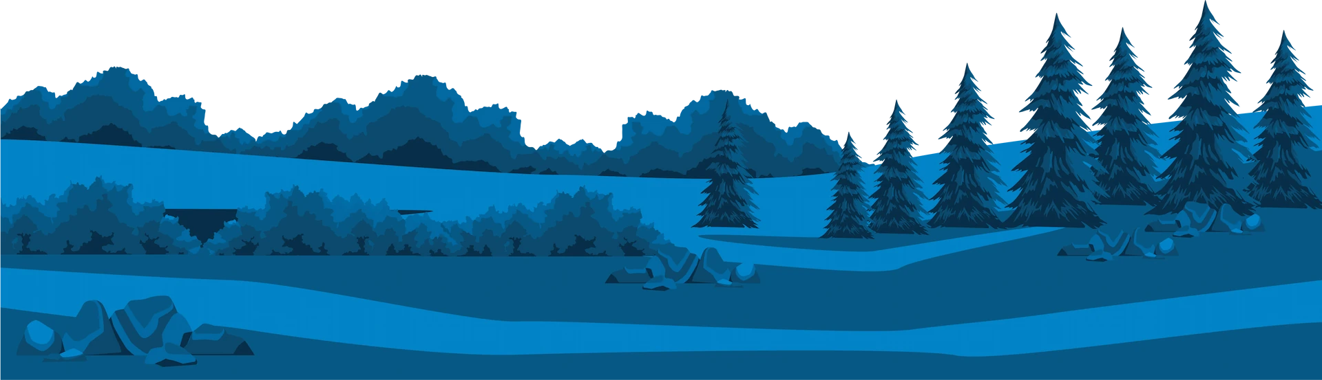 An illustration of a blue forest with blue trees and rocks.