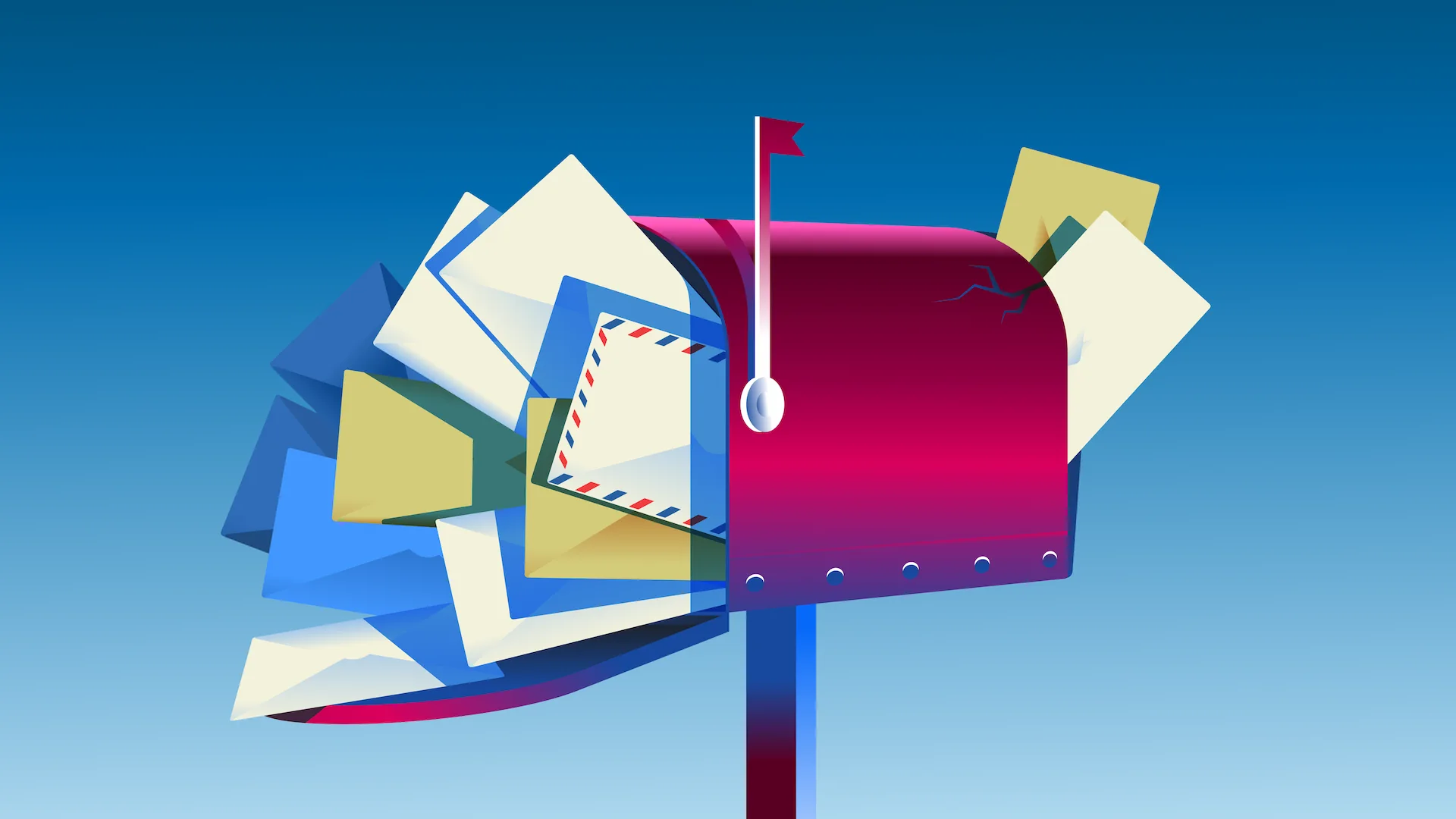 An illustration of a mailbox stuffed with letters with the red flag raised.