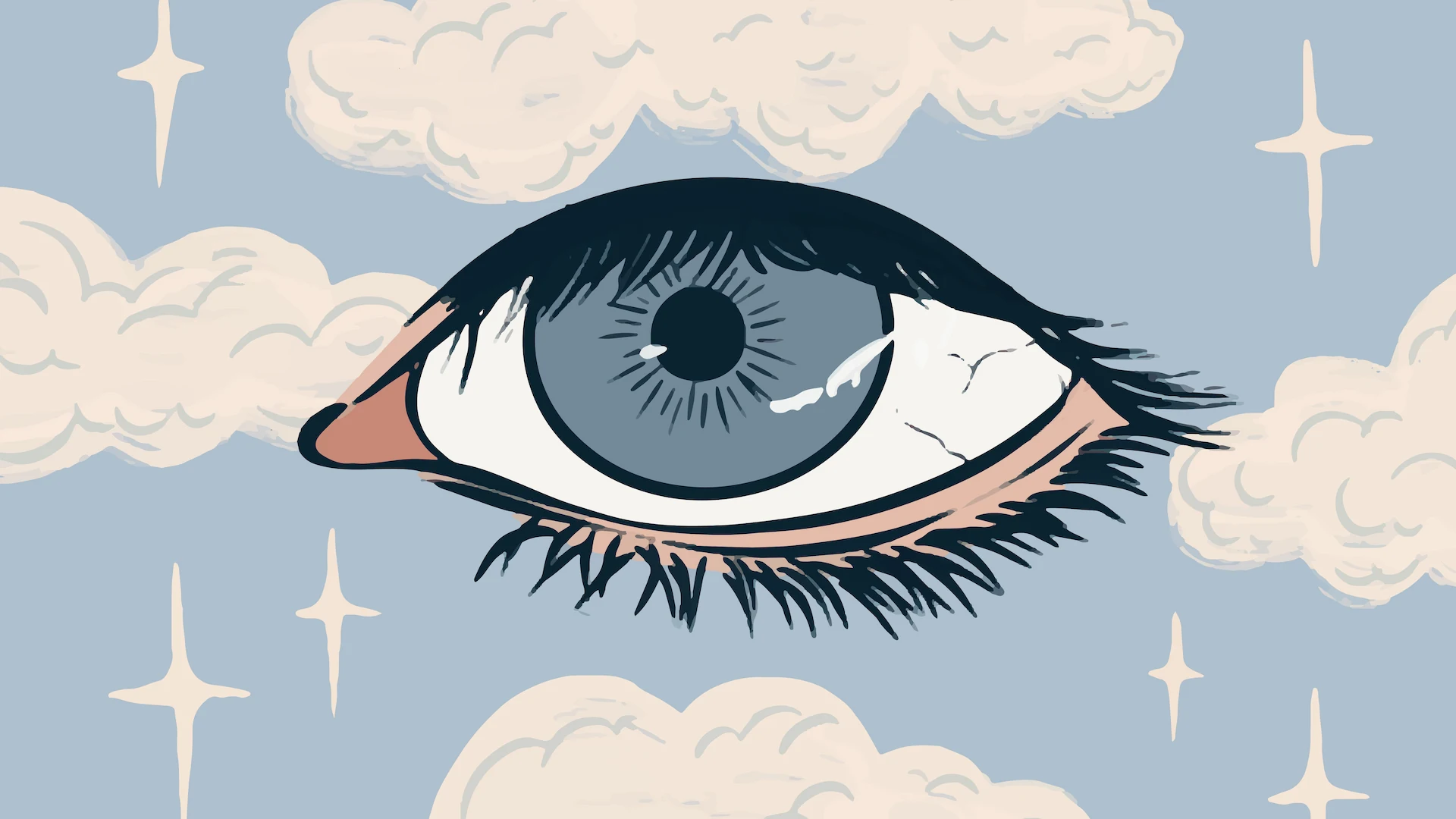 An illustration of an eye in the clouds. The eye has a blue iris.