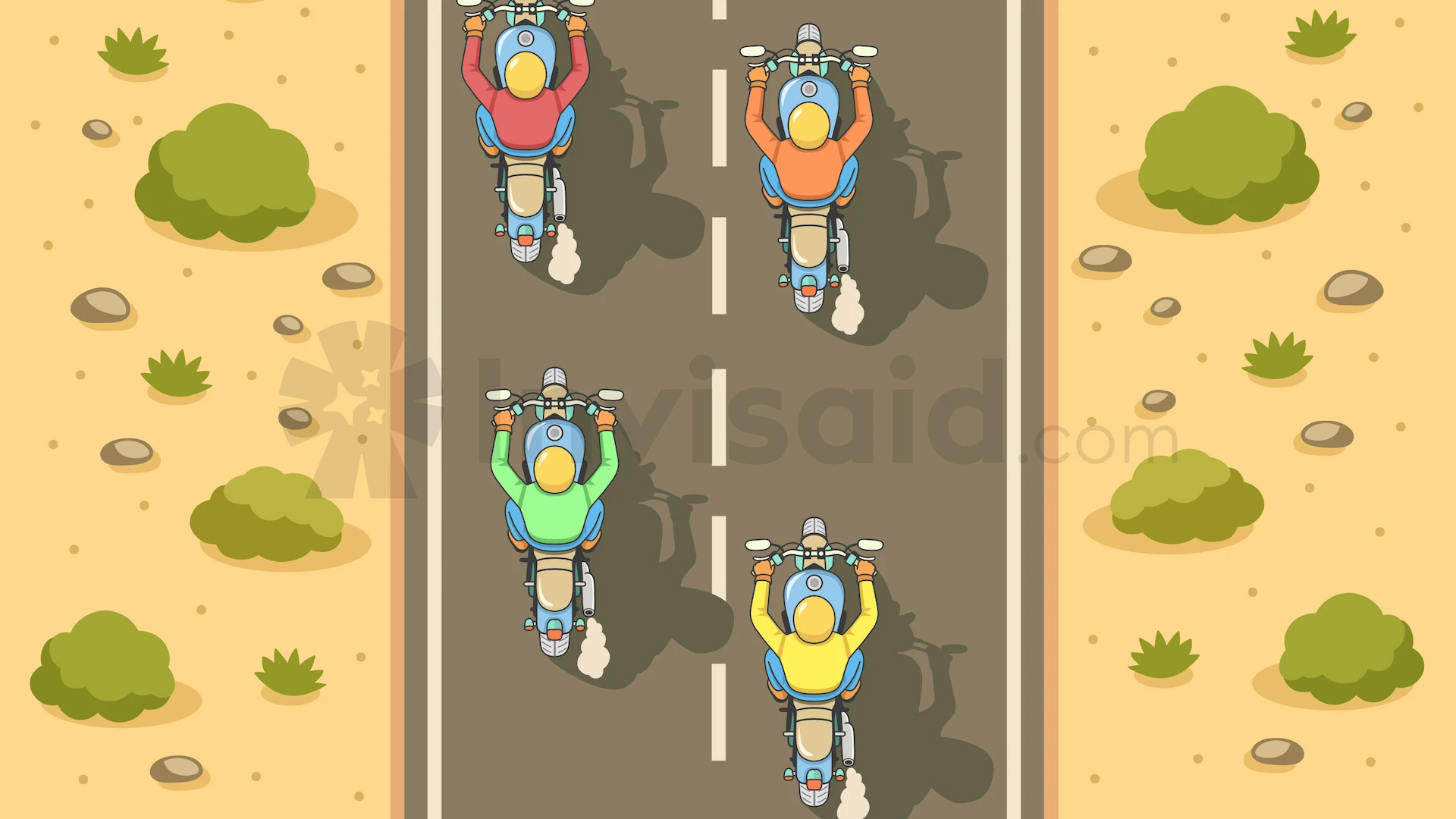 An illustration of four cyclists racing down a road in the desert.