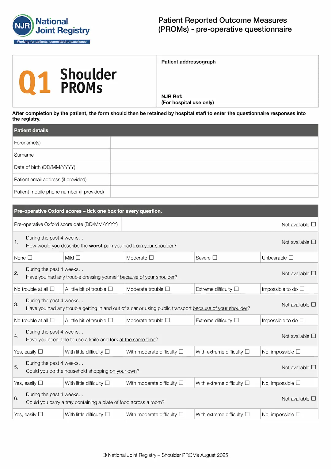 Patient Reported Outcome Measures (PROMs) - pre-operative questionnaire