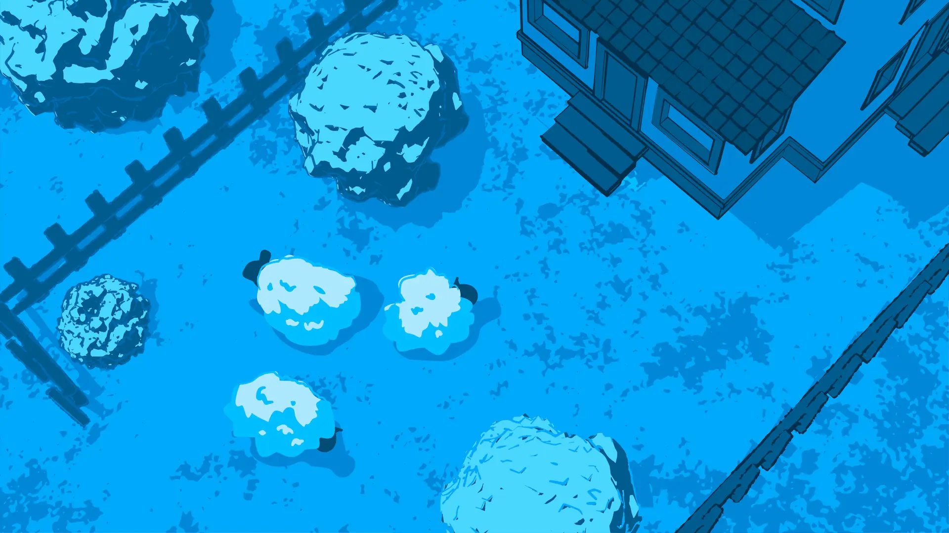 An illustration of a farm from a satellite view, with two sheep in the middle of a field, and a barn on the right.