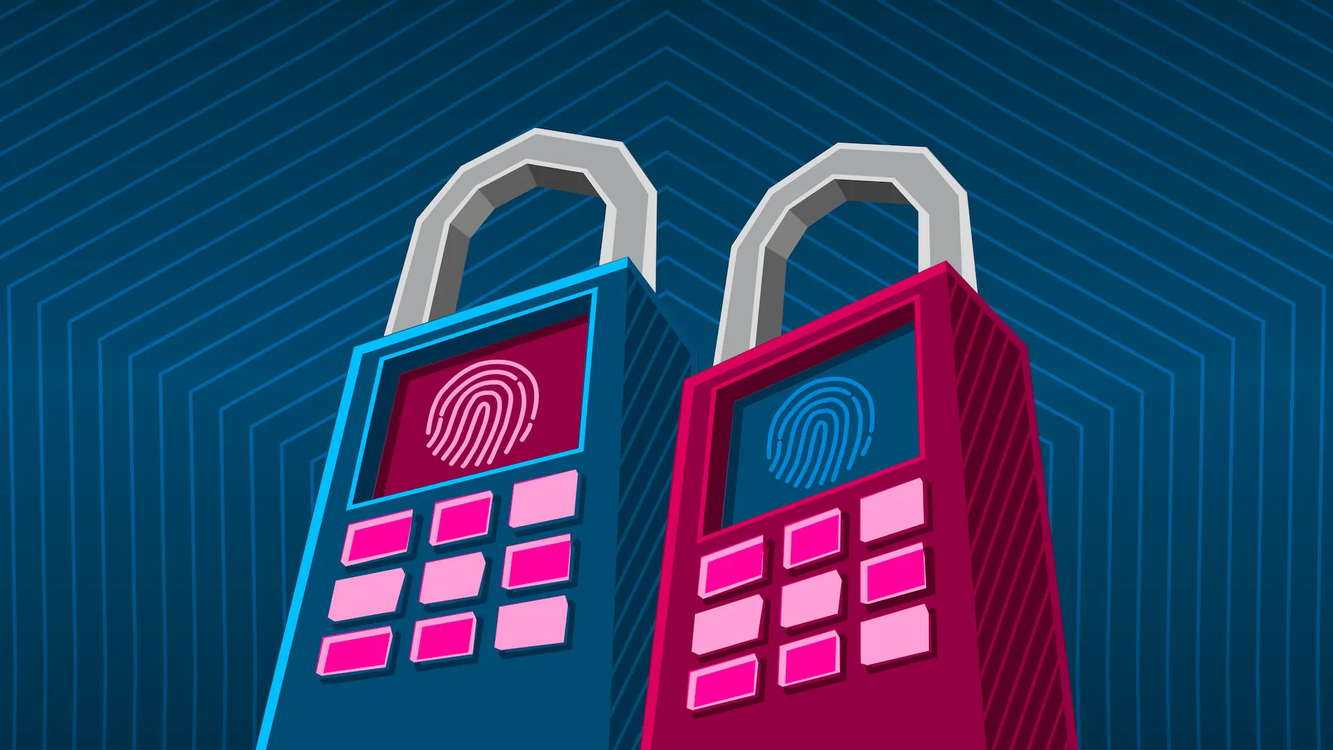 An illustration of two modern security locks with fingerprint readers.
