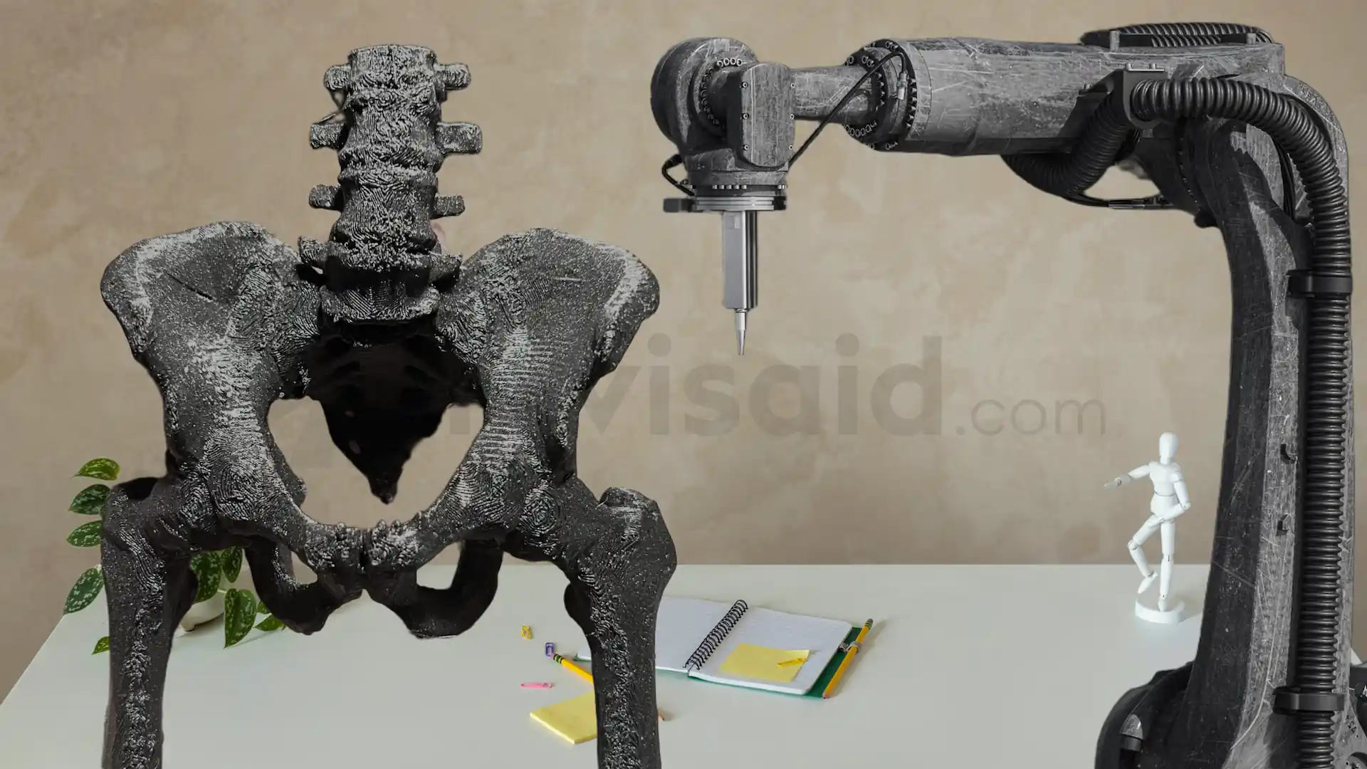 An illustration of a 3D printer printing a human pelvis model.